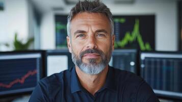 Professional stockbroker with confident expression, surrounded by financial data screens photo