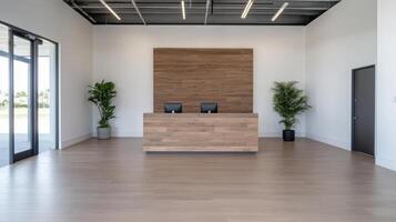 Modern office lobby with wooden reception desk and plants photo
