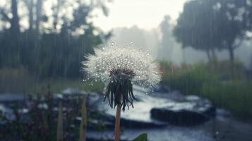 A dandelion with raindrops on it in the rain photo