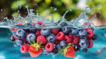 Berries and raspberries are floating in the water photo