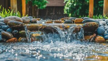 A waterfall flowing into a garden photo