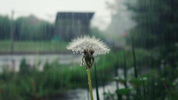 A dandelion in the rain with water droplets on it photo