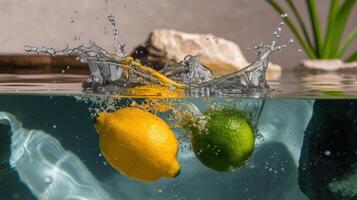Two lemons and an orange are splashing into the water photo