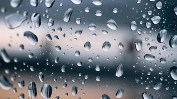 Raindrops on a window glass with a blurred background photo
