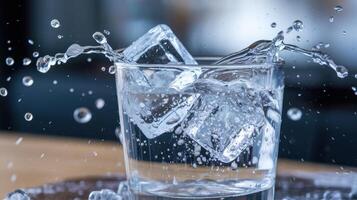 A glass of water with ice cubes in it photo