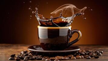Coffee splash on brown background photo