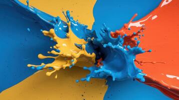 Colorful paint splashes on a blue and yellow background photo