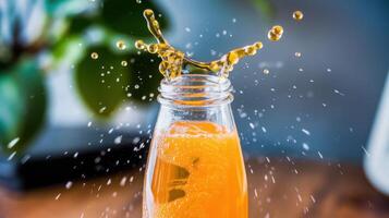 Orange juice being poured into a bottle photo