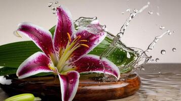 Water splash on a lily flower photo
