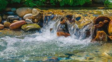 A stream of water flowing over rocks in a stream photo