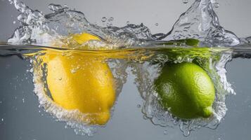 Two lemons and lime in water with splash photo