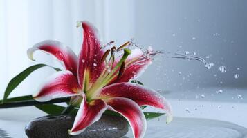 A red lily is sitting on a stone with water splashing on it photo