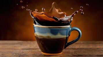 Coffee splash in a cup on a wooden table photo