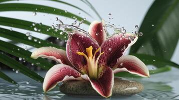 A red lily with water splashing on it photo