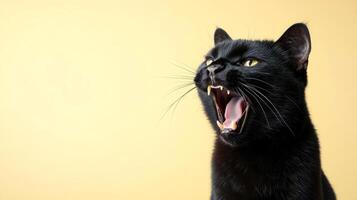 Yawning black cat against a yellow background showcasing sharp fangs and expressive eyes photo