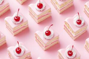Cherry topped pink layered cakes arranged in a pattern on a light pink surface photo