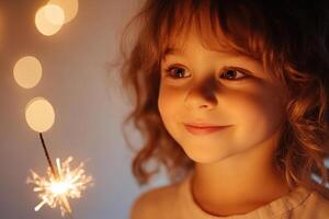 Joyful child with curly hair admiring the warm glow of a sparkler in a cozy setting photo