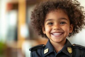 Smiling African American Child Pretending to be a Police Officer in Uniform photo