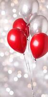Festive cluster of red and silver balloons on bokeh background celebration concept photo