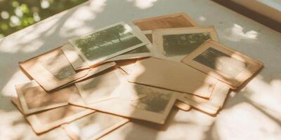 Vintage black and white photographs scattered on sunlit table, capturing timeless memories and nostalgia in soft afternoon light photo