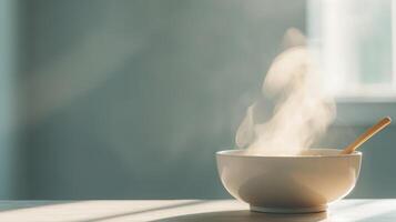 Steam rising from a hot bowl of soup on a table as morning light filters through a window, creating a serene and warm atmosphere photo