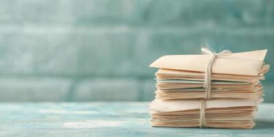 Stack of vintage envelopes tied with string on rustic wooden surface against stone wall background photo