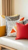 Elegant sofa with brightly patterned cushions in modern home setting photo