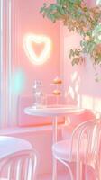 Cozy cafe corner with neon heart light and cupcakes on display in pastel pink ambiance photo