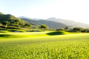 Sunlit golf course with fresh green grass and distant mountain backdrop in tranquil morning scene photo