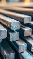 Pile of metal rods with textured surfaces in industrial setting showcasing manufacturing materials photo