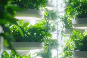 Innovative vertical farming with lush greenery using modern hydroponic systems under soft sunlight photo