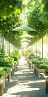 Sunlit urban garden pathway with lush greenery and trees creating a peaceful ambiance photo