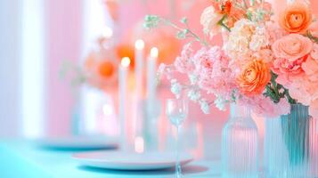 Elegant floral arrangement on vibrant table setting with candles and soft lighting for romantic atmosphere photo