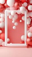 Floating red and white orbs surround a central white frame against a soft red gradient background photo