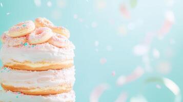 Stacked donut cake with white frosting and colorful sprinkles against a pastel blue background photo