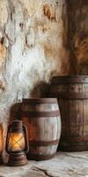 Rustic barrels and lantern in a stone cellar creating a vintage ambiance photo