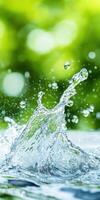 Dynamic splash of crystal clear water droplets in vibrant natural greenery background photo