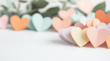 Colorful paper hearts arranged on a soft surface with blurred greenery in the background creating a romantic and peaceful ambiance photo
