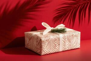 Elegant gift box wrapped in red palm leaf pattern paper with white ribbon against a festive red background photo