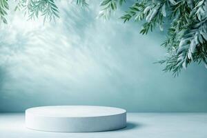 Minimalist white circular platform with green foliage shadows in a soft aqua setting photo