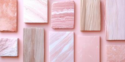 Assorted pink and beige textured tiles arranged on a pastel background displaying a variety of patterns and finishes photo