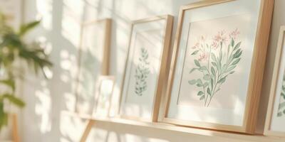 Framed botanical art displayed on sunlit shelf in bright room photo