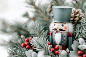 Nutcracker soldier ornament nestled among frosted pine branches with festive red berries photo