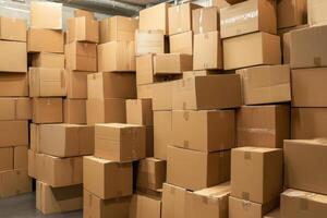Stacked cardboard boxes in a storage room for packaging and shipping logistics concept photo