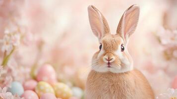 Adorable rabbit in spring setting with pastel easter eggs and cherry blossoms creating a whimsical atmosphere photo