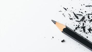 Black pencil and shavings on white background showcasing art tools and creativity preparation photo