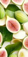 Fresh sliced green figs with leaves creating vibrant natural pattern in flat lay food concept photo