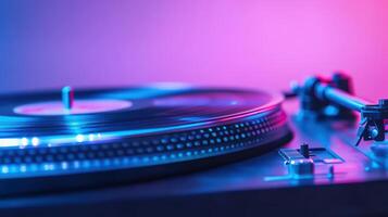 Vinyl record spinning on turntable in vibrant neon lighting, capturing nostalgic atmosphere of classic music era photo