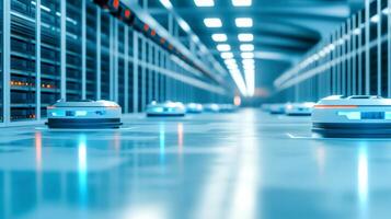 Futuristic automated robots working in modern high tech server room digital technology innovation concept photo