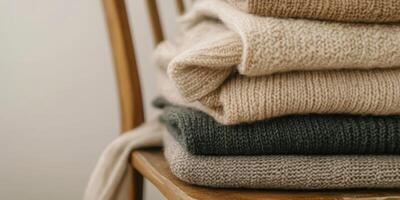 Stack of cozy knit sweaters neatly folded on a wooden chair for a warm autumn look photo